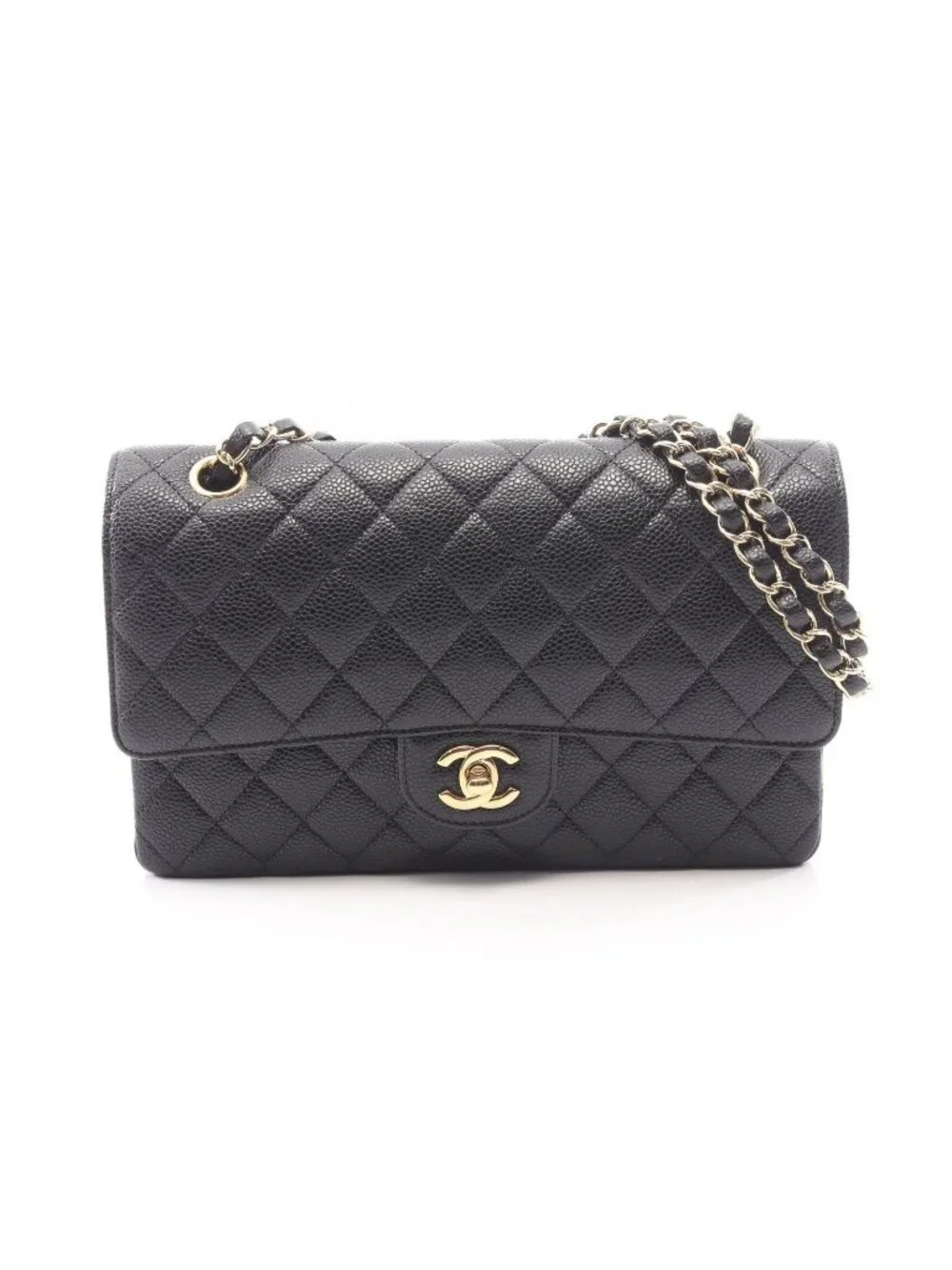 Chanel Shoulder Bag Quilted Double Flap Black Caviar Leather Chain